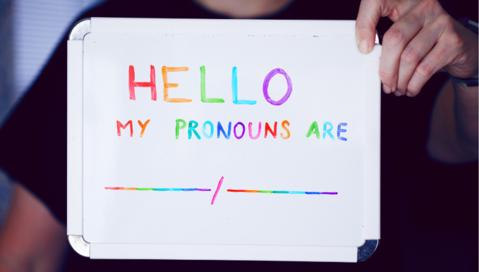 colourful sign saying hello my pronouns are